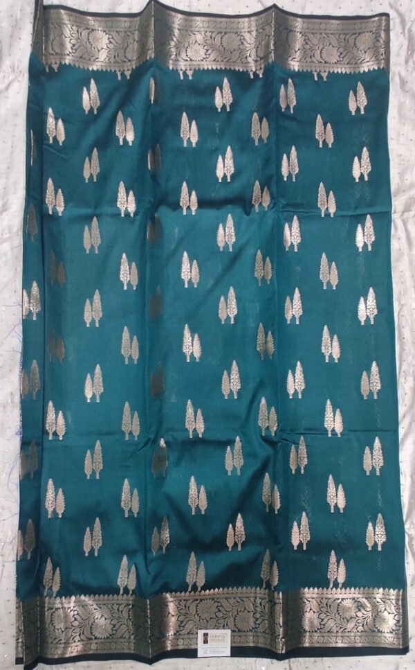 Teal leaf pattern banarasi silk saree with zari work