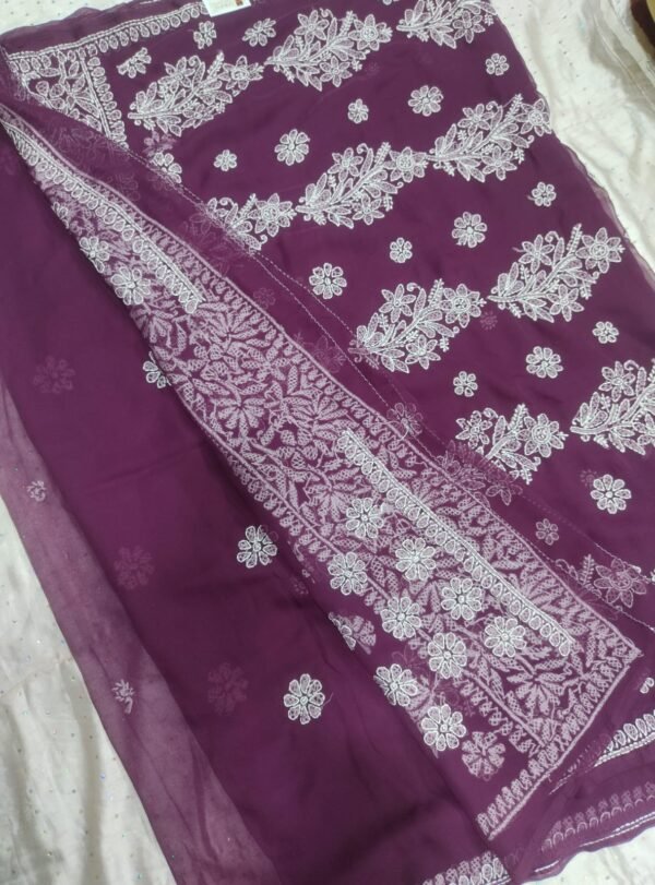 Purple lucknow chikankari Georgette saree with blouse - Image 6