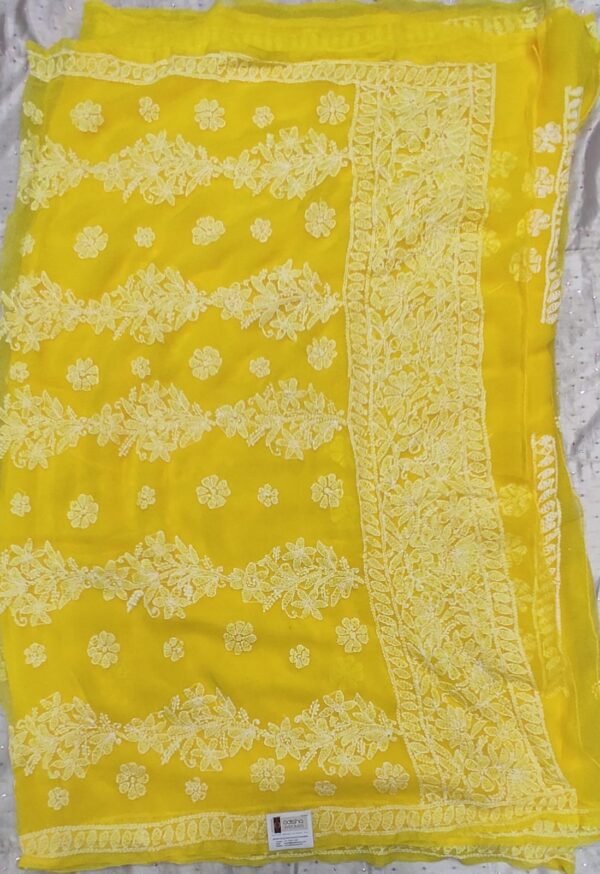 Yellow lucknow chikankari Georgette saree with blouse - Image 6