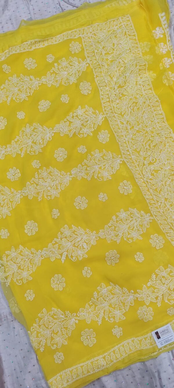 Yellow lucknow chikankari Georgette saree with blouse - Image 7