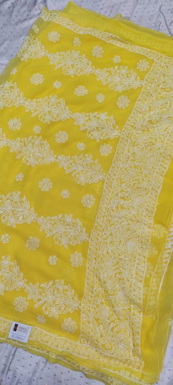 Yellow lucknow chikankari Georgette saree with blouse - Image 8