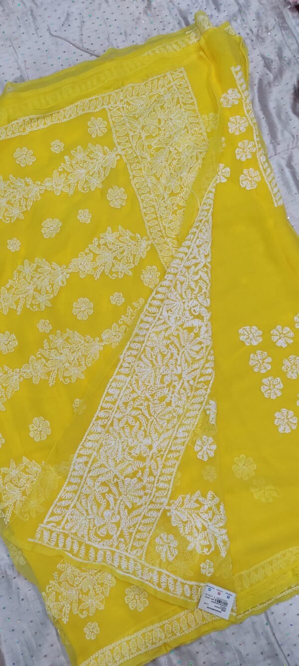 Yellow lucknow chikankari Georgette saree with blouse - Image 9