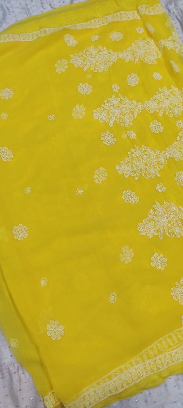 Yellow lucknow chikankari Georgette saree with blouse - Image 5