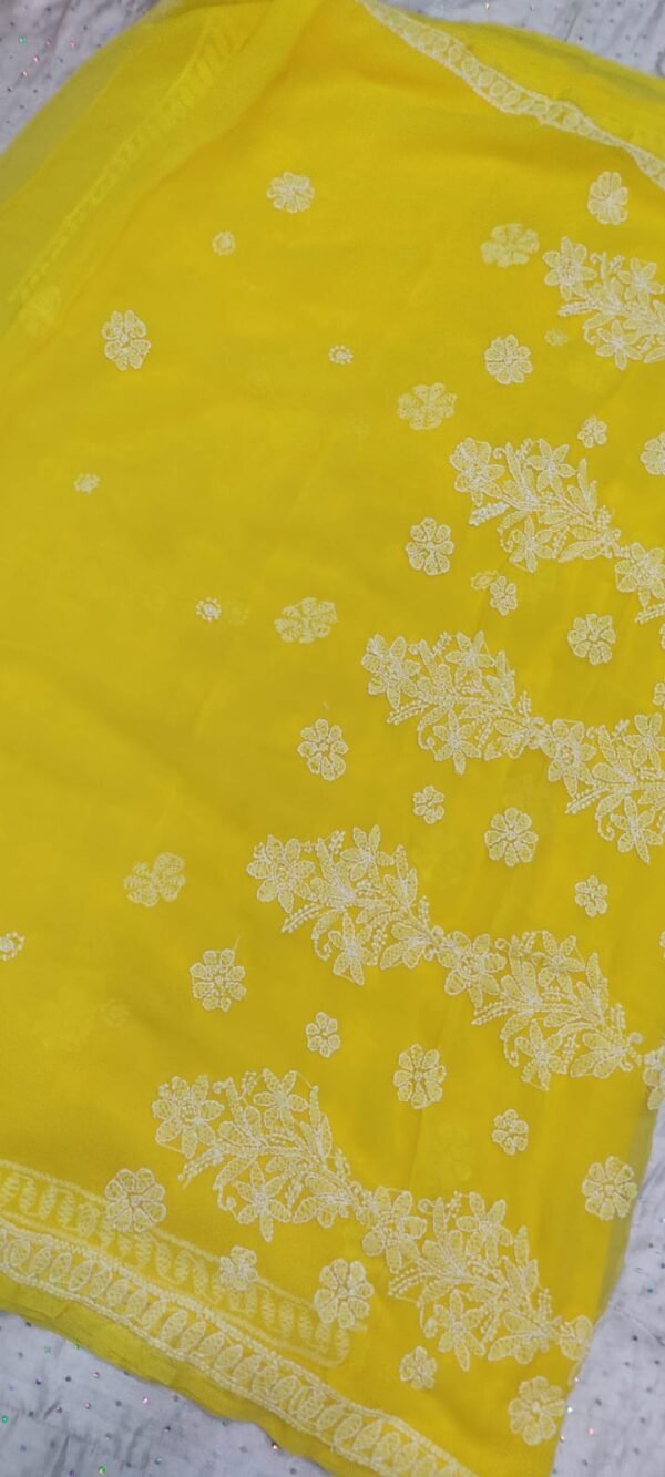 Yellow lucknow chikankari Georgette saree with blouse - Image 4