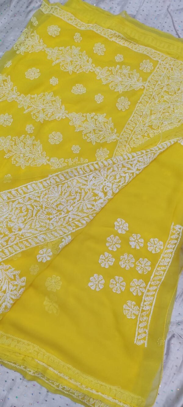 Yellow lucknow chikankari Georgette saree with blouse - Image 3