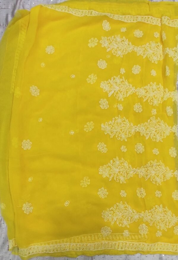 Yellow lucknow chikankari Georgette saree with blouse