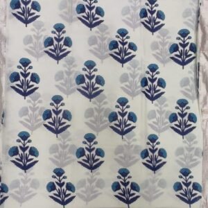 White and sky flower pattern hand block print mulmul cotton saree with blouse