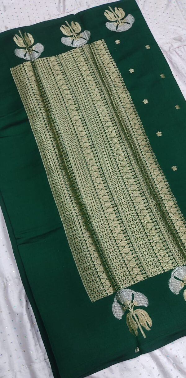 Green buti pattern pure banarasi soft silk saree with blouse - Image 6