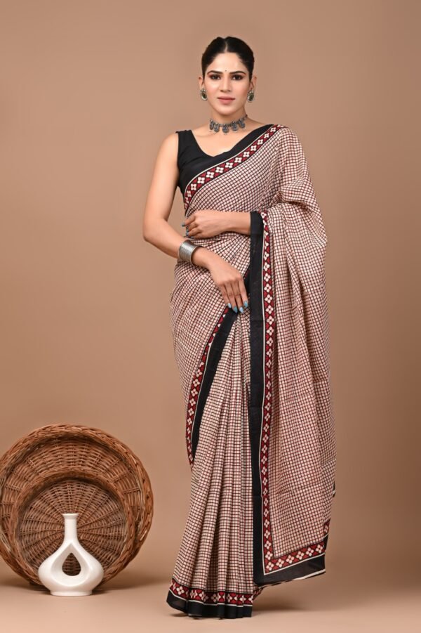 Brick and black check pattern hand block print mulmul cotton saree with blouse