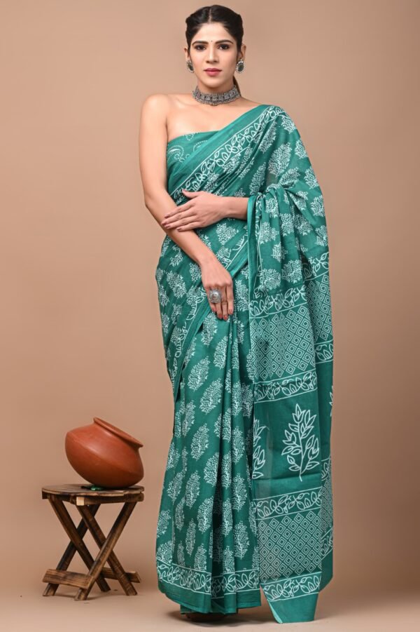 Green flower pattern hand block print mulmul cotton saree with blouse