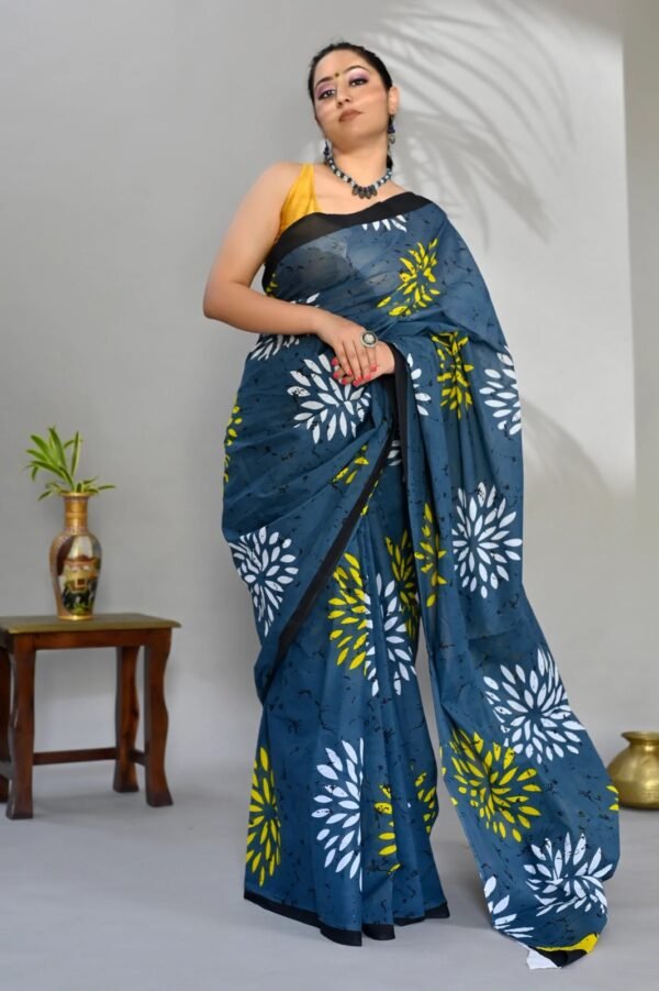 Gray flower pattern hand block print mulmul cotton saree with blouse