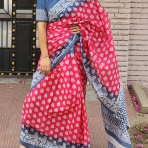 Pink and gray flower pattern hand block print mulmul cotton saree with blouse