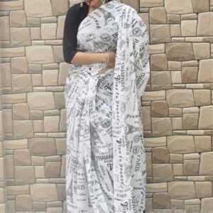 White paper pattern hand block print mulmul cotton saree with blouse