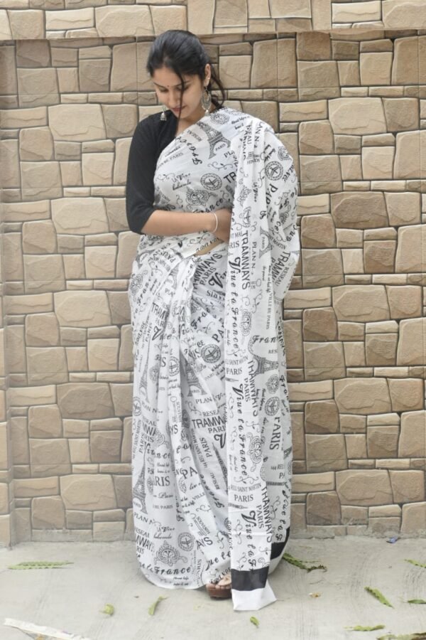White paper pattern hand block print mulmul cotton saree with blouse