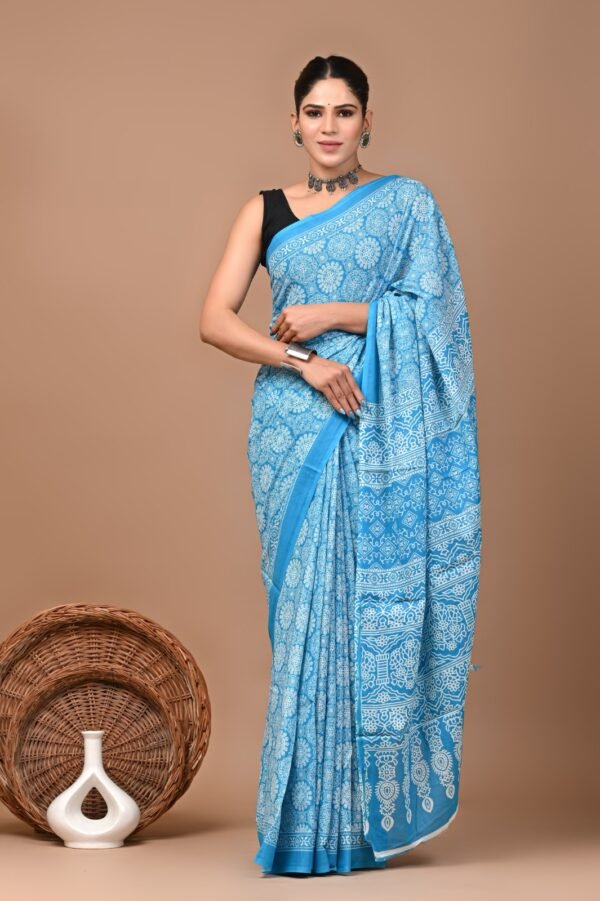 Green flower pattern hand block print mulmul cotton saree with blouse