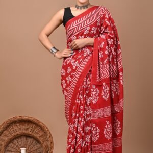 Red flower pattern hand block print mulmul cotton saree with blouse