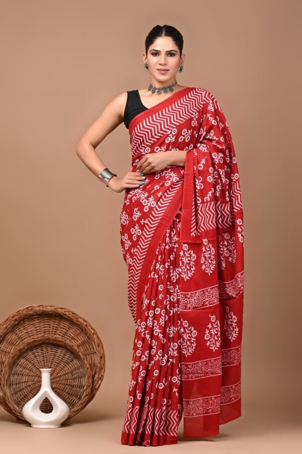 Red flower pattern hand block print mulmul cotton saree with blouse