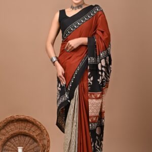 Brick and brown patli design hand block print mulmul cotton saree with blouse