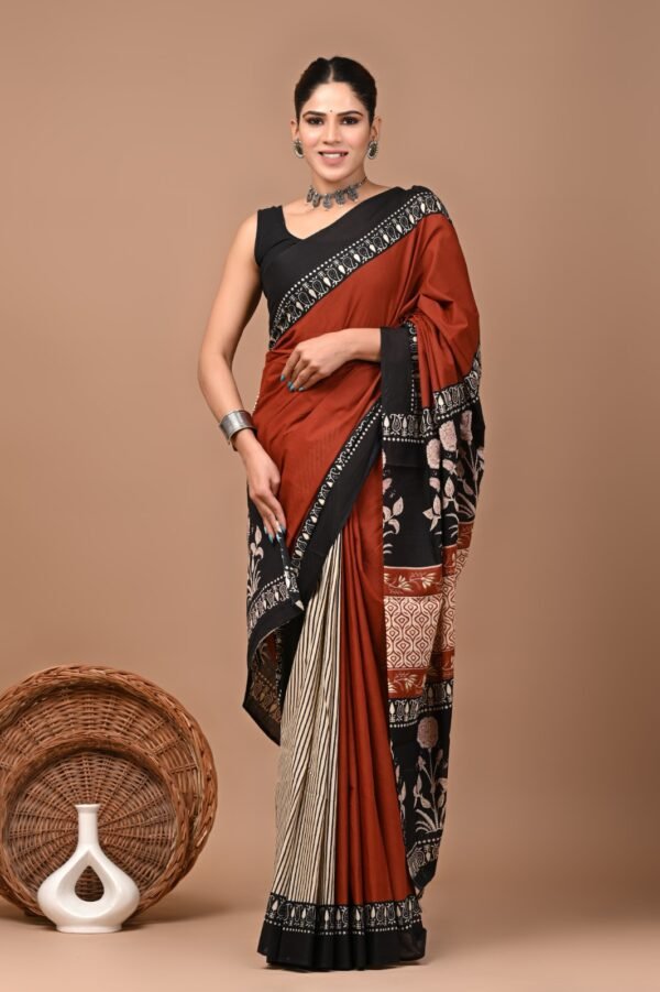 Brick and brown patli design hand block print mulmul cotton saree with blouse