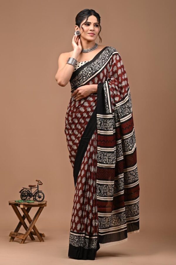 Maroon  flower pattern hand block print mulmul cotton saree with blouse