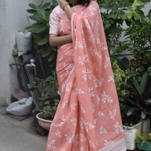 Orange flower pattern hand block print mulmul cotton saree with blouse