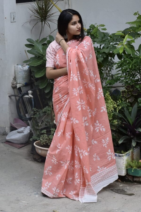 Orange flower pattern hand block print mulmul cotton saree with blouse