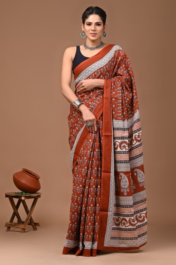 Brick flower pattern hand block print mulmul cotton saree with blouse