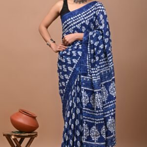 Blue and white flower pattern hand block print mulmul cotton saree with blouse