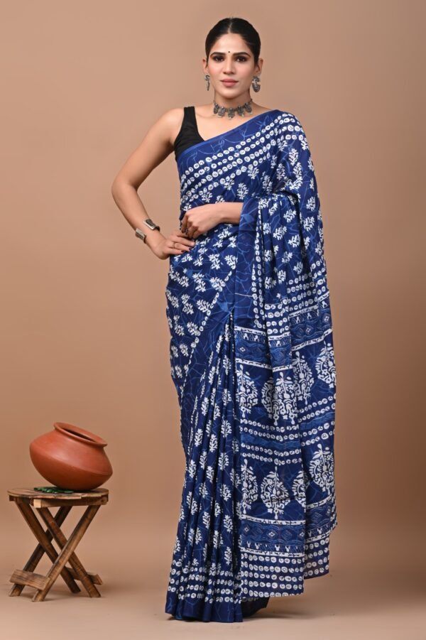 Blue and white flower pattern hand block print mulmul cotton saree with blouse