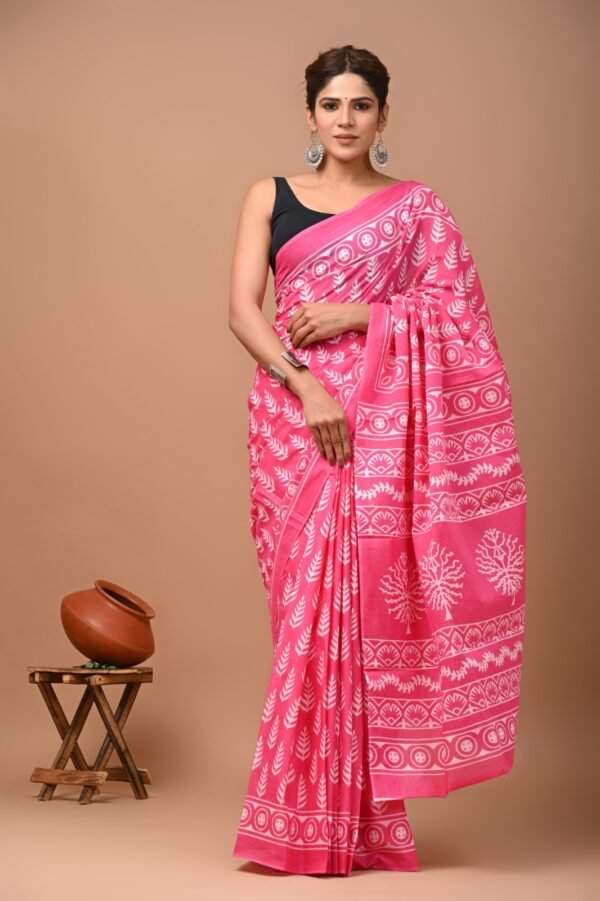 Pink flower pattern hand block print mulmul cotton saree with blouse