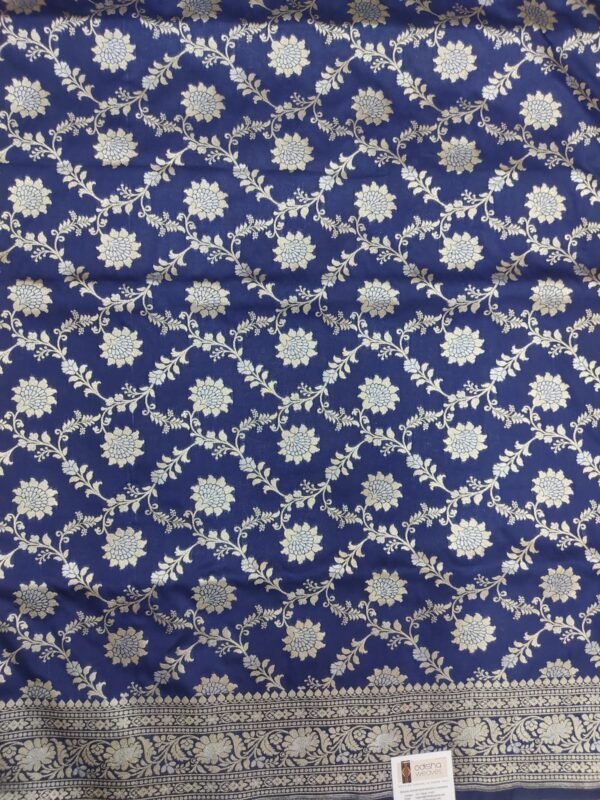 Blue flower pattern banarasi silk saree with zari work