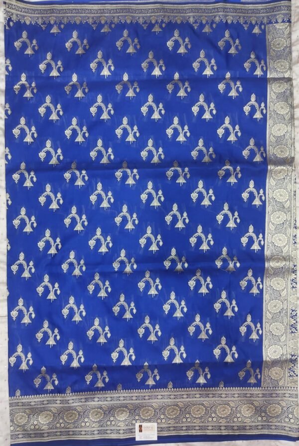Blue flower pattern banarasi silk saree with zari work