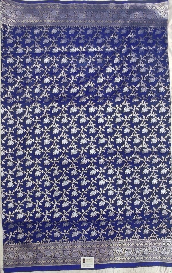 Blue flower pattern banarasi silk saree with zari work