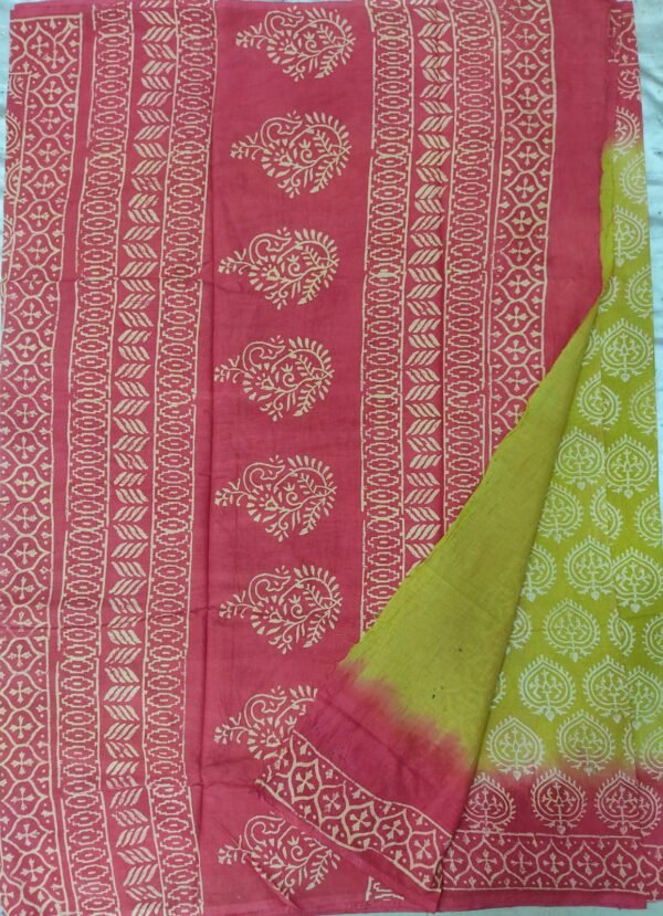 Green and red flower pattern hand block print mulmul cotton saree with blouse - Image 7
