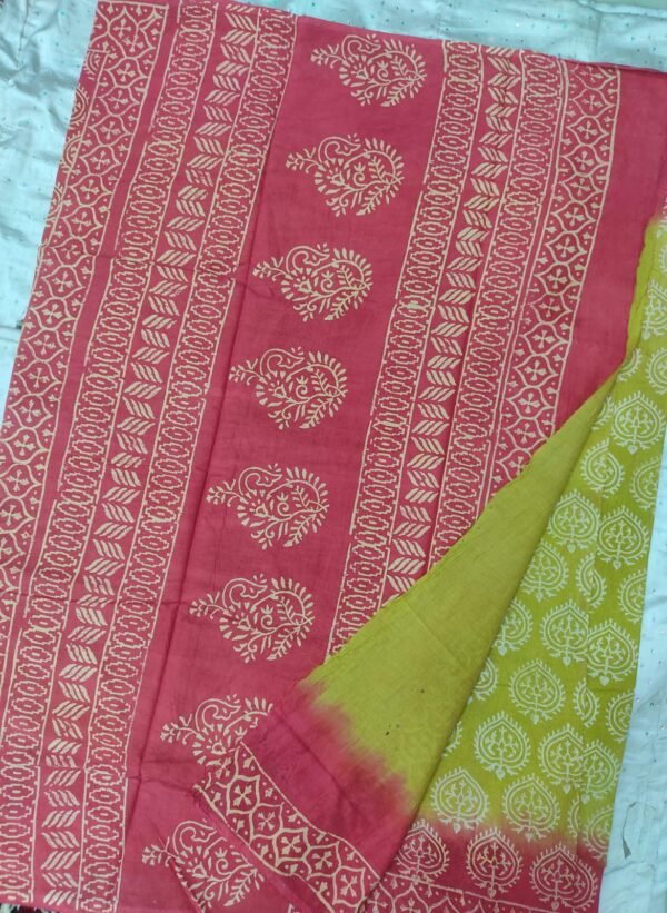 Green and red flower pattern hand block print mulmul cotton saree with blouse - Image 6