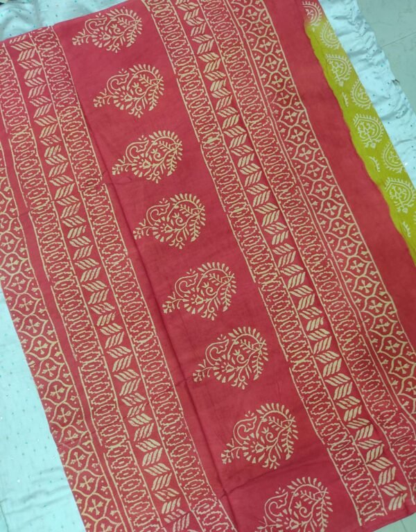 Green and red flower pattern hand block print mulmul cotton saree with blouse - Image 8