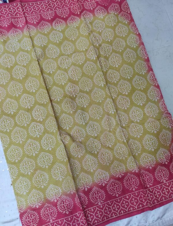 Green and red flower pattern hand block print mulmul cotton saree with blouse - Image 4