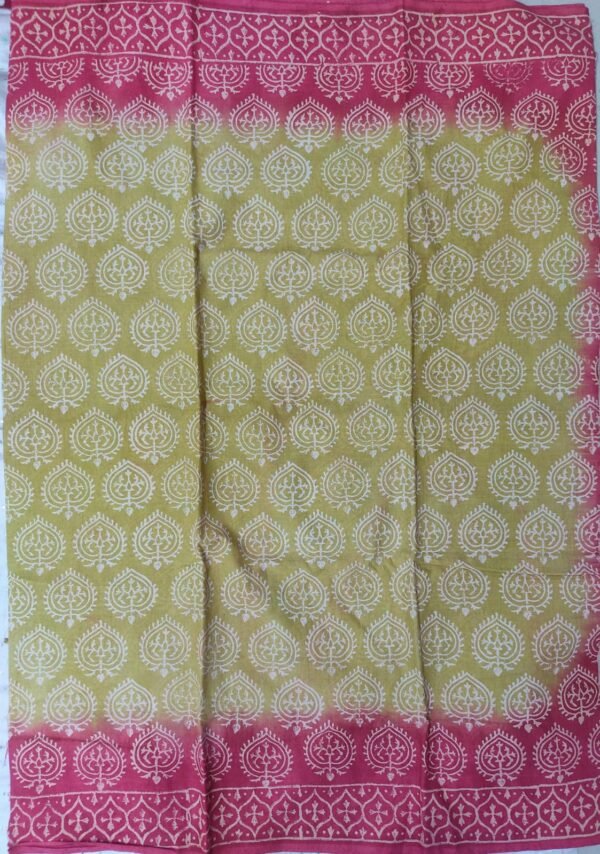 Green and red flower pattern hand block print mulmul cotton saree with blouse - Image 3