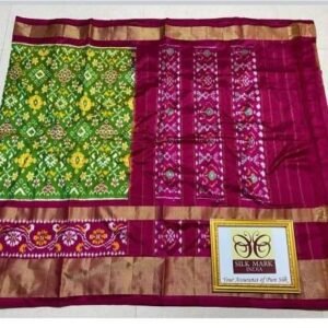 Parrot green and pink double ikkat pattu silk saree with zari border and anchal