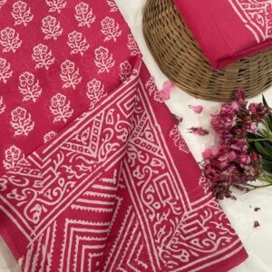 Light pink flower pattern hand print mulmul cotton saree with blouse