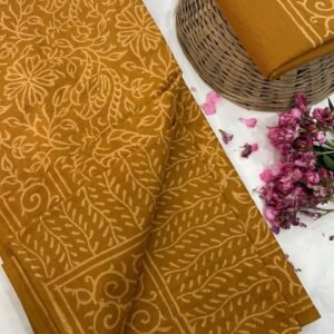 Yellow  flower pattern hand print mulmul cotton saree with blouse