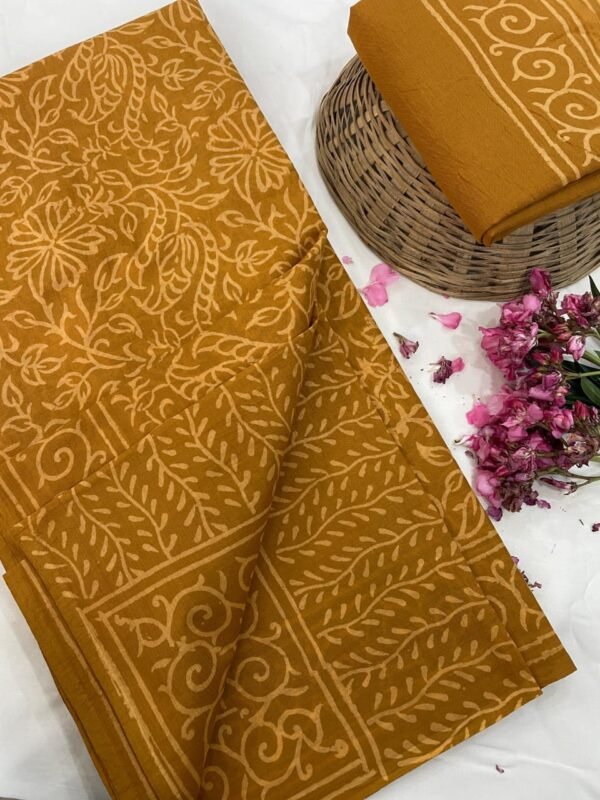 Yellow  flower pattern hand print mulmul cotton saree with blouse