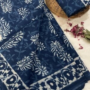 Blue flower pattern hand print mulmul cotton saree with blouse