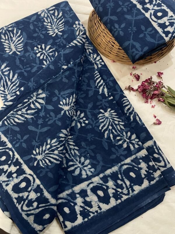 Blue flower pattern hand print mulmul cotton saree with blouse