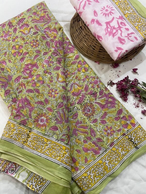 Green and pink flower pattern hand print mulmul cotton saree with blouse