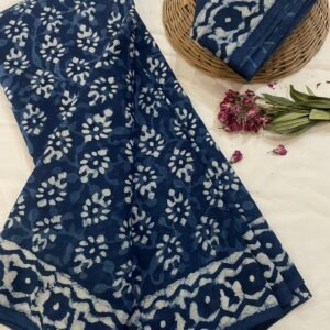 Blue flower pattern hand print mulmul cotton saree with blouse