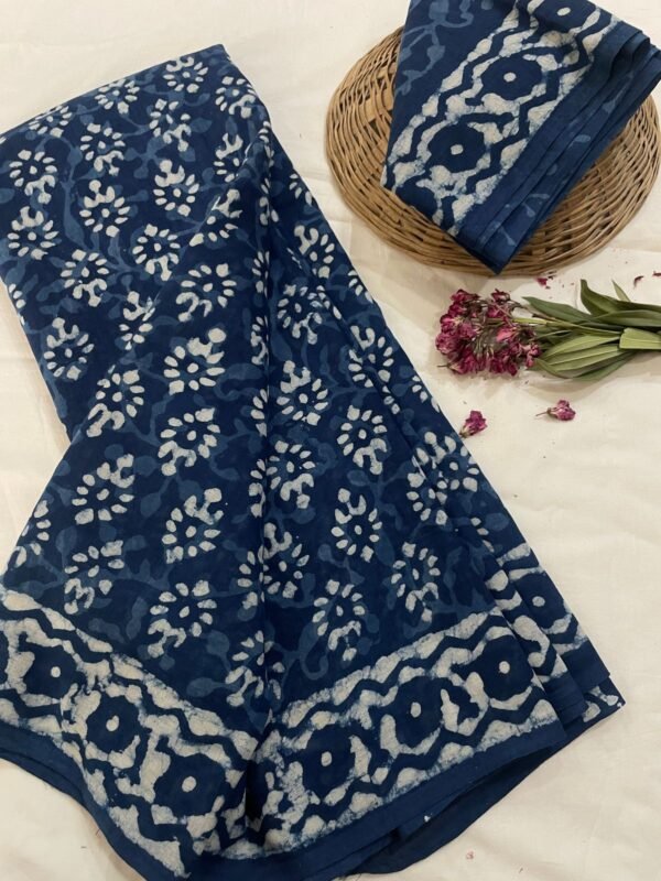 Blue flower pattern hand print mulmul cotton saree with blouse