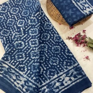 Blue flower pattern hand print mulmul cotton saree with blouse