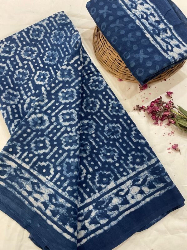Blue flower pattern hand print mulmul cotton saree with blouse