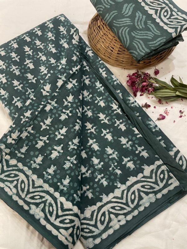Green flower pattern hand print mulmul cotton saree with blouse